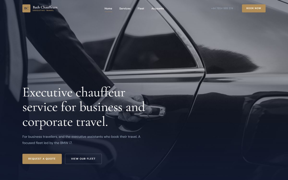 Version 4: a chauffeur opening a car door behind the heading, in navy and bronze